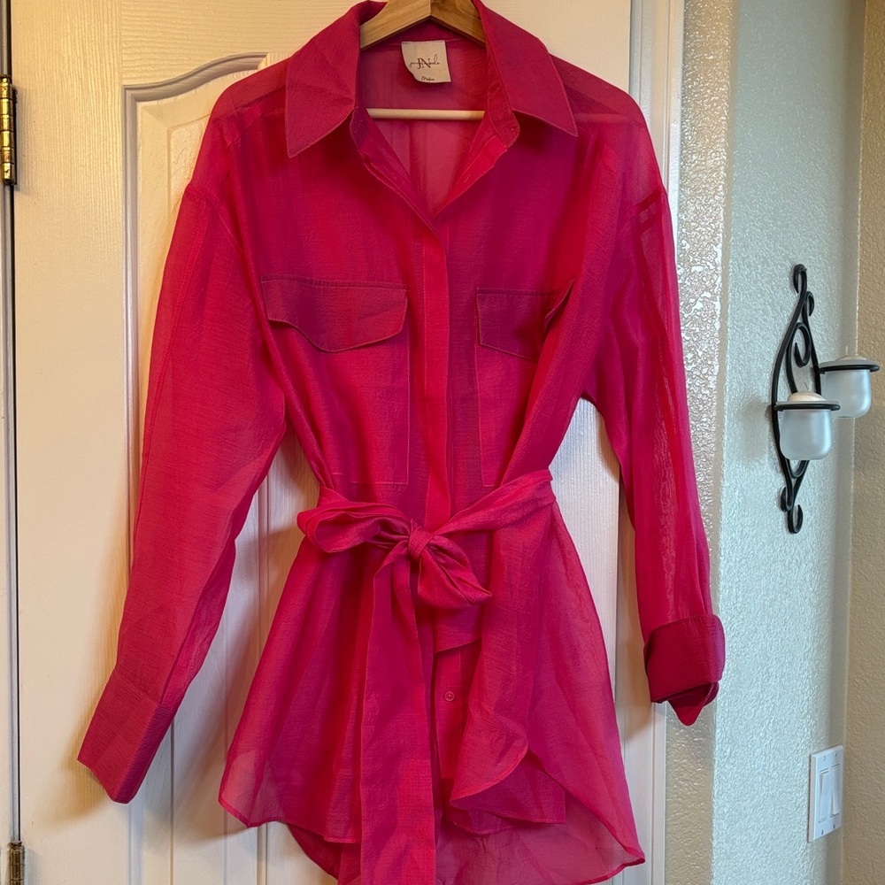 Jenny Nicole Vibrant Pink Sheer Oversized Button-Up Shirt With Tie